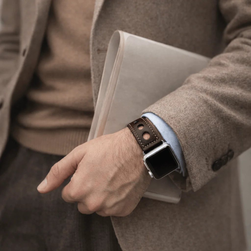 Dunkelbraunes Rallye Apple Watch Lederarmband im Panerai-Stil - Image 4