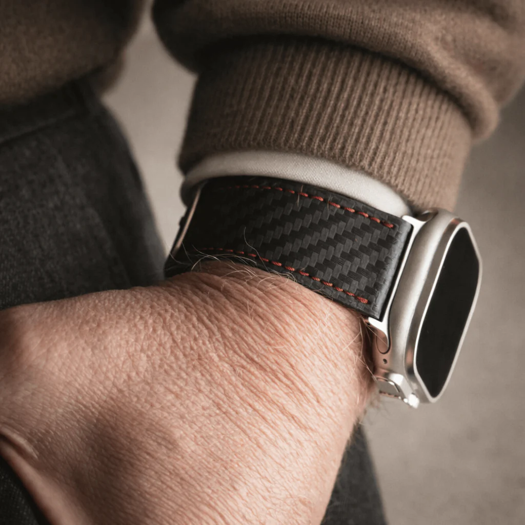 Bergwerk Carbon Rot – Apple Watch Band mit hochwertiger LederCarbon-Struktur - Image 2