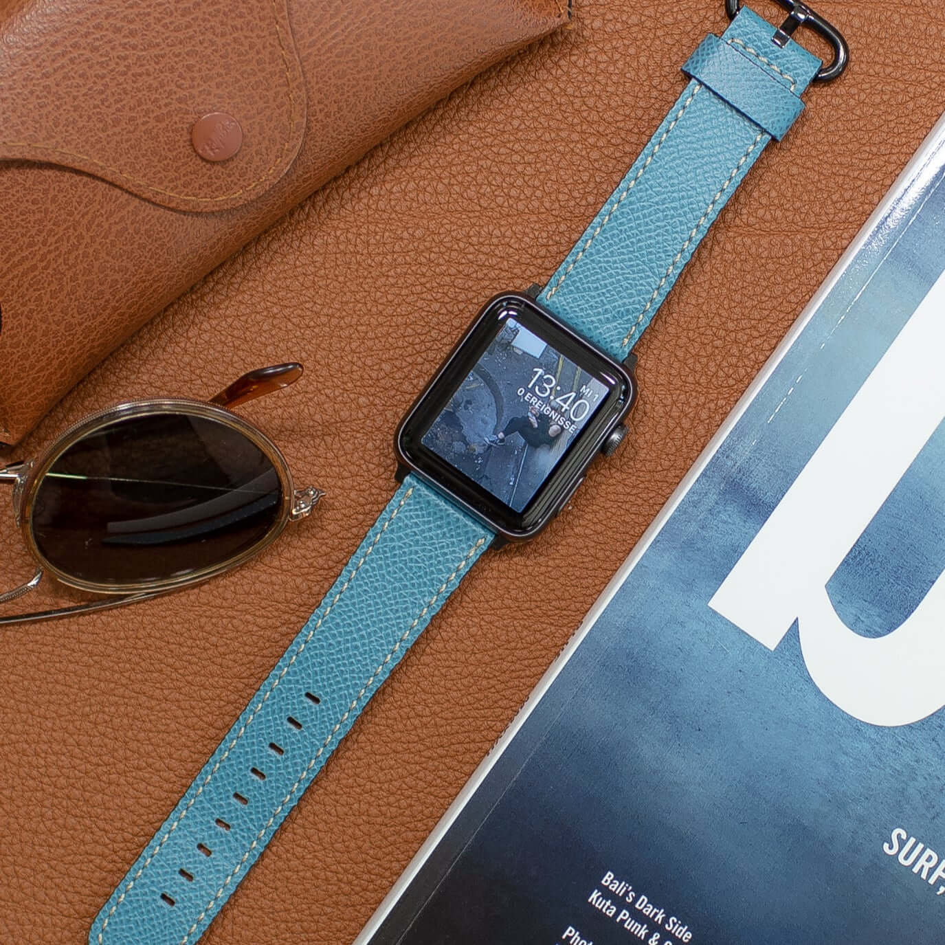 Luxuriöses Apple Watch Lederarmband Damen Cupertino Hellblau - Image 10